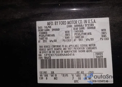 1999 Ford F-150 Work Series/Xl/Xlt from USA, damaged, VIN 1FTZX1723XNA60416